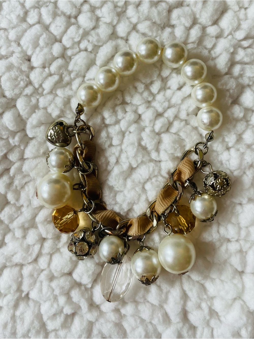 Pearl & Amber Charm Bracelet - Ivory and Gold